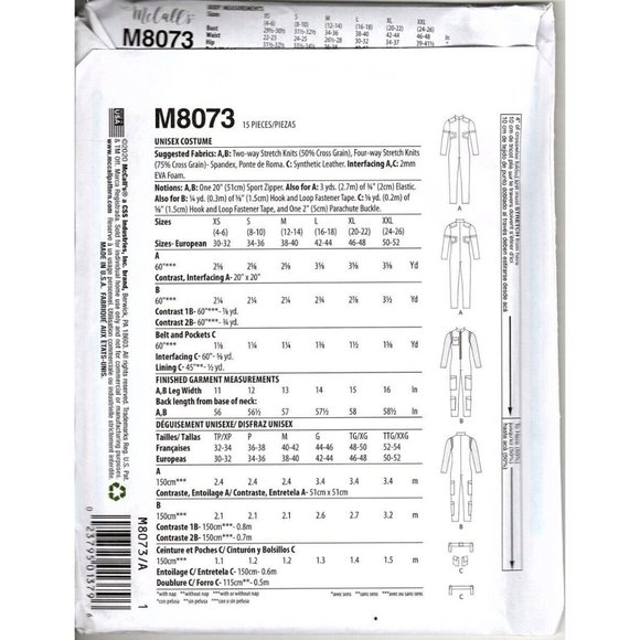 McCalls M8073 Adult Unisex S to XL Anime Costumes Sewing Patterns - Picture 2 of 2